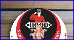 Vintage Hood Tires Service Garage Pinup Girl Porcelain Enamel Sign