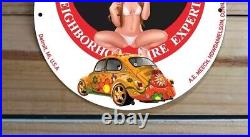 Vintage Hood Tires Service Garage Pinup Girl Porcelain Enamel Sign