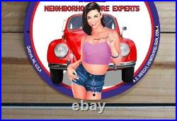 Vintage Hood Tires Service Garage Pinup Girl Porcelain Enamel Sign