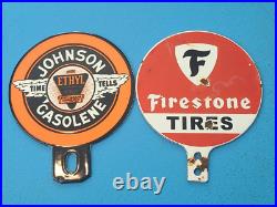 Vintage Johnson Gasoline & Firestone Tires Gas Porcelain Topper Automobile Sign