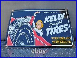 Vintage Kelly Porcelain Sign Automobile Tires Car Wheel Gas Garage Spark Plugs