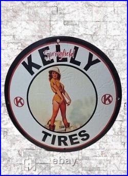 Vintage Kelly Tires Pinup Girl Porcelain Service Station Gas Dealer Pump Ad Sign