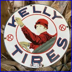 Vintage Kelly Tires Porcelain Metal Sign Oil Gas Service Station Garage USA Lady