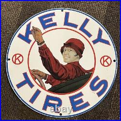 Vintage Kelly Tires Porcelain Sign Auto Parts Gas Oil Service Station Pump Plate