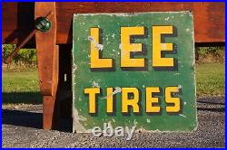 Vintage LEE Tire Heavy Metal Sign Painted Original Advertising service gas oil