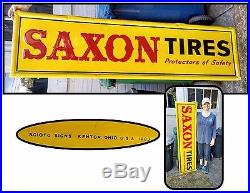 Vintage Large 1983 Saxon Tires Sign, Automotive Advertising metal sign, yellow