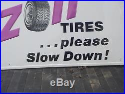 Vintage Large Jetzon Tires Slow Down! Embossed Tin / Metal Original Sign 5' x 2