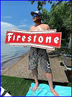 Vintage Metal 2sided Bowtie Firestone Tires Advert Sign Gasoline Gas Oil 48X15
