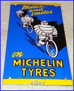 Vintage Michelin Bibendum Man On Bicycle Tires 8 Porcelain Metal Gas & Oil Sign