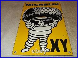 Vintage Michelin Man Holding Xy Tire 10 Porcelain Metal Tires Gasoline Oil Sign