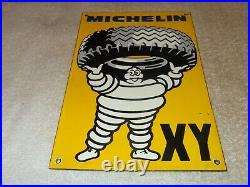Vintage Michelin Man Holding Xy Tire 10 Porcelain Metal Tires Gasoline Oil Sign