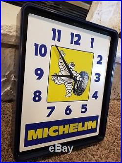 Vintage Michelin Man Tire Clock Advertising Sign 17 × 14 x 3 Works
