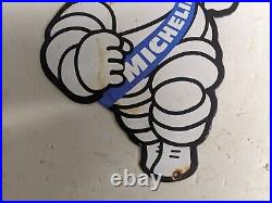 Vintage Michelin Man Tires Porcelain Metal Gas Pump Door Sign Blue