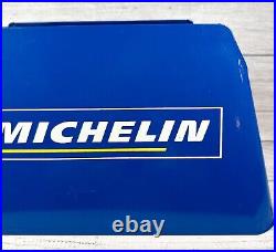 Vintage Michelin Metal Tire Blue Display Stand with Two Different Graphics