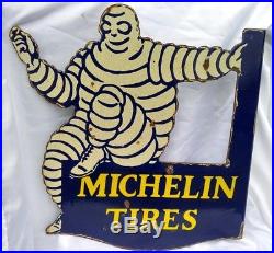 Vintage Michelin Tire Bibenbum Man Enamel Two Sided Flange Sign