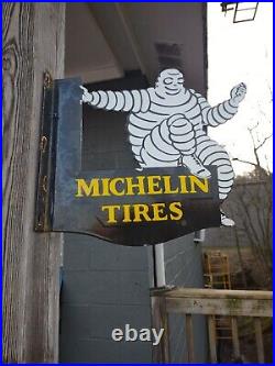 Vintage Michelin Tires Porcelain Enamel Flange Gas Oil Sign Double Sided