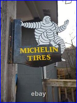 Vintage Michelin Tires Porcelain Enamel Flange Gas Oil Sign Double Sided