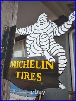 Vintage Michelin Tires Porcelain Enamel Flange Gas Oil Sign Double Sided