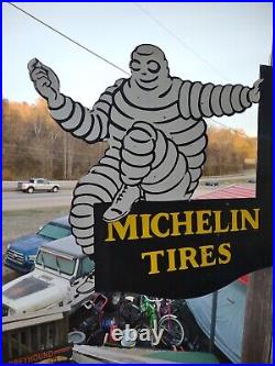 Vintage Michelin Tires Porcelain Enamel Flange Gas Oil Sign Double Sided