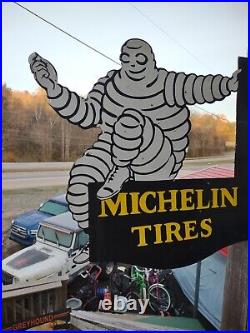 Vintage Michelin Tires Porcelain Enamel Flange Gas Oil Sign Double Sided