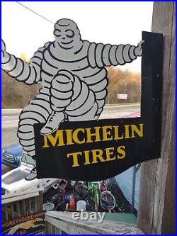 Vintage Michelin Tires Porcelain Enamel Flange Gas Oil Sign Double Sided