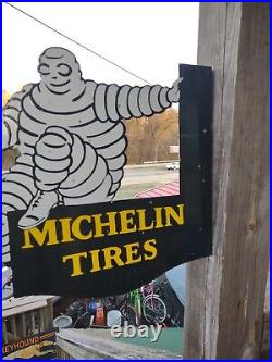 Vintage Michelin Tires Porcelain Enamel Flange Gas Oil Sign Double Sided