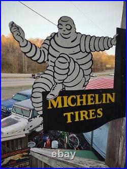 Vintage Michelin Tires Porcelain Enamel Flange Gas Oil Sign Double Sided