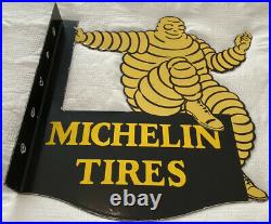 Vintage Michelin Tires Porcelain Sign Bibendum Flange Double Sided Motor Oil Gas