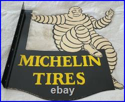 Vintage Michelin Tires Porcelain Sign Bibendum Flange Double Sided Motor Oil Gas