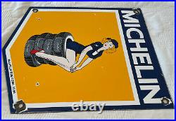 Vintage Michelin Tires Porcelain Sign Girl Bibendum Gas Station Motor Oil