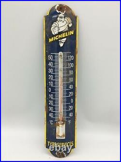 Vintage Michelin Tyres Porcelain Metal Enamel Gas Station Thermometer 11.5 in