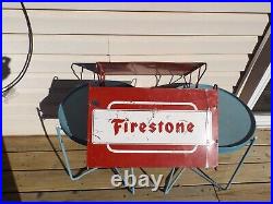 Vintage Old Firestone Tire Metal Advertising Display Stand Rack Sign Red/white