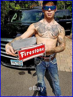 Vintage Old Firestone Tire Rack Dispaly Advert Metal Sign 4 Gas Oil Man Cave