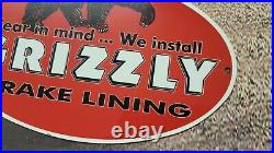 Vintage Old Grizzly Brake Lining Brakes Tires Porcelain Gas Station Pump Sign
