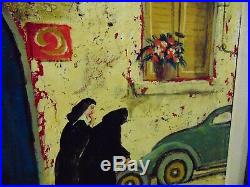 Vintage Original Painting SIGNED STEPHENSON Nuns & A Flat Tire FRAMED ART