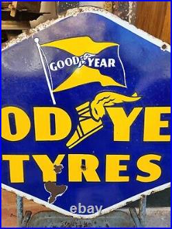 Vintage Original Porcelain Enamel Sign Good Year Tyre Flag Flying Shoe Sign 1930