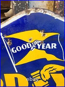 Vintage Original Porcelain Enamel Sign Good Year Tyre Flag Flying Shoe Sign 1930