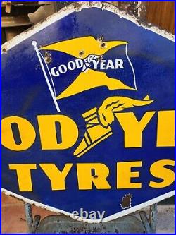 Vintage Original Porcelain Enamel Sign Good Year Tyre Flag Flying Shoe Sign 1930