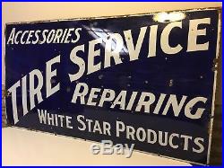 Vintage Original Porcelain White Star Products Tire Sign RARE 54 X 30