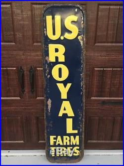 Vintage Original U. S Royal Farm Tires 1957 Vertical Metal Sign Embossed 60hx16w
