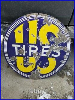 Vintage Original US Tires Double Sided Porcelain Sign 30in