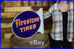 Vintage PORCELAIN FIRESTONE TIRES Advertising Flange Gas Station SIGN Clean REAL