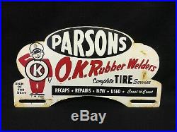 Vintage Parsons O. K. Rubber Welders Tire Service License Plate Topper Sign