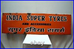 Vintage Porcelain Enamel Sign Board India Super Tire Tyres Petrol Pump Gasoline