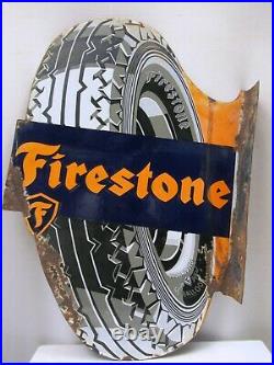 Vintage Porcelain Enamel Sign Firestone Tire Die Cut Double Sided Flange America