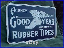 Vintage Porcelain GOOD YEAR Sign 24 X 16 Agency Rubber Tires Akron Ohio Winged F