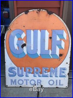 Vintage Porcelain GULF SUPREME TOMBSTONEGasoline OIL TIRE AUTO Sign