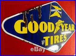 Vintage Porcelain Goodyear Tires Sign 36 Inch Double Side, Gas Oil Antique Wow