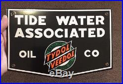 Vintage Porcelain Tide Water Tydol Oil Veedol Sign pump NOS plate gas tire