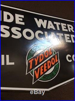 Vintage Porcelain Tide Water Tydol Oil Veedol Sign pump NOS plate gas tire